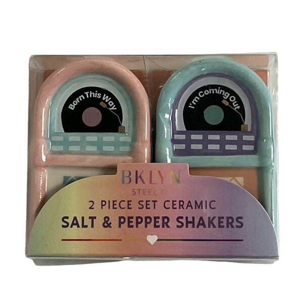 Bklyn‎ Steel Ceramic Salt & Pepper Shakers Jukebox Pink & Blue Retro 50s Style - Picture 1 of 4